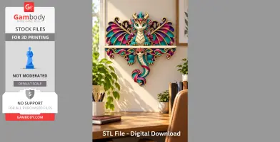 Colorful dragon wall shelf with ornate wings, designed for 3D printing, displayed above a cozy desk.
