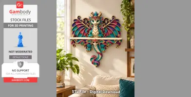 Colorful dragon wall shelf with ornate wings and swirling tail, designed for 3D printing.