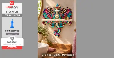 Colorful dragon-themed wall shelf with ornate wings and tail, designed for 3D printing.