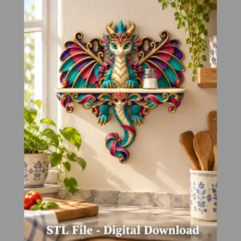Colorful dragon-themed wall shelf with ornate details, holding a small item, surrounded by kitchen decor.