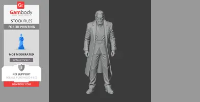 A 3D model of a stern man in a long coat and suit, standing upright with clenched fists.