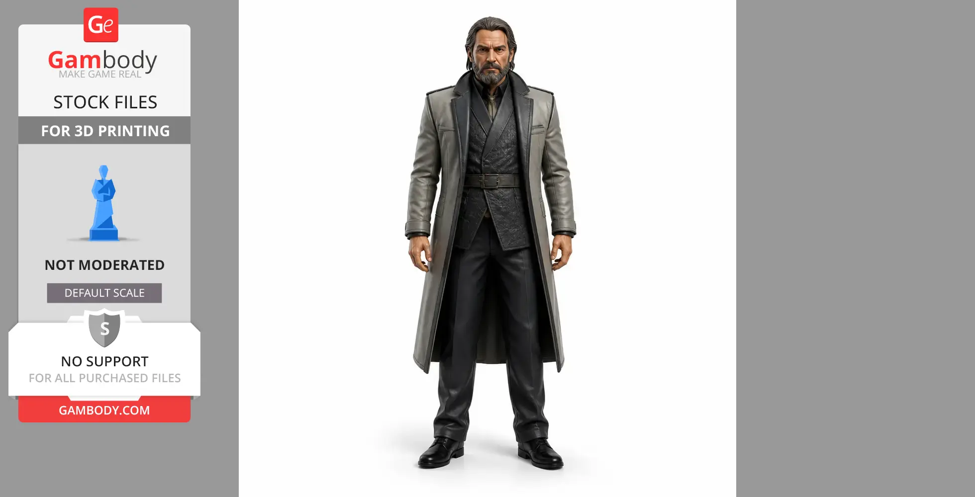 A detailed 3D figurine of a stern man in a long coat and suit, for 3D printing.