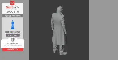 A 3D model of a character in a long coat, standing, viewed from the back, suitable for 3D printing.