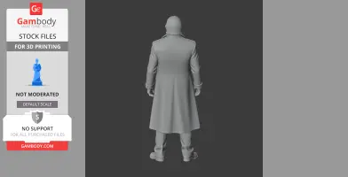 A 3D model of a character in a long coat, viewed from the back, designed for 3D printing.