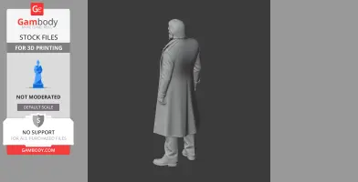 A 3D model of a man in a long coat, standing with his back turned. Designed for 3D printing.