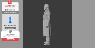Side profile of a detailed 3D figure in a long coat, ready for 3D printing.
