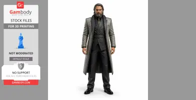 A detailed 3D figurine of a stern man in a long coat and suit, for 3D printing.