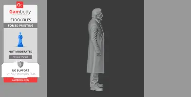 Side view of a 3D printed figure with a long coat and beard, standing upright.