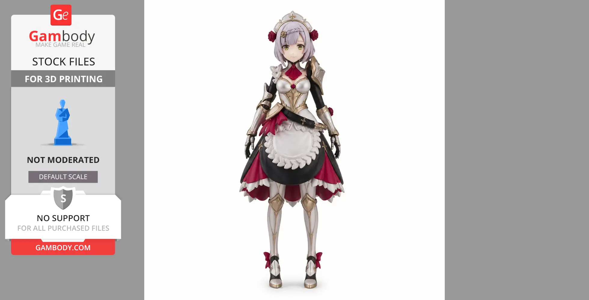 A 3D model of a female character in a detailed, ornate medieval-style outfit with armor and a frilled skirt.