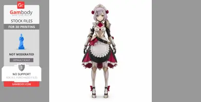 A 3D model of a female character in a detailed, ornate medieval-style outfit with armor and a frilled skirt.