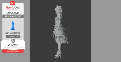 Side view of a detailed 3D model of a female character in armor and skirt for 3D printing.