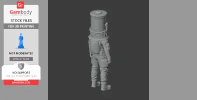A 3D model of a character wearing a cylindrical helmet, resembling industrial machinery, viewed from the back.