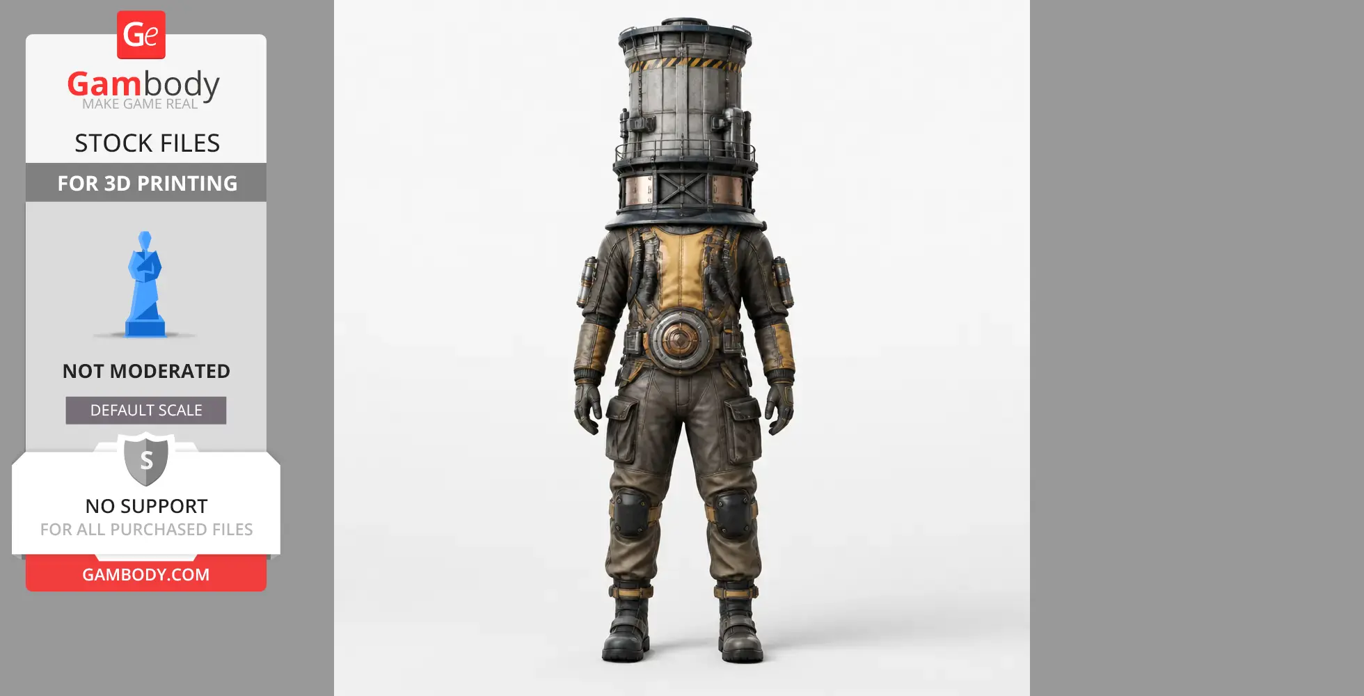 A figure wearing a suit with a cylindrical reactor-shaped helmet, inspired by Satisfactory.