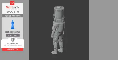 A 3D model of a character with power plant-themed cylindrical headgear and tactical outfit, side view.