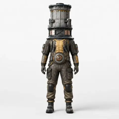 Futuristic figure with a nuclear reactor head, wearing a detailed protective suit from the game Satisfactory.