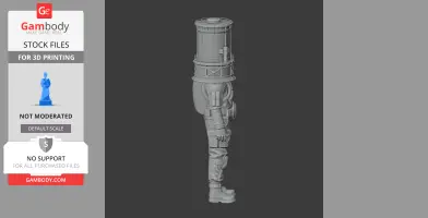 A side view of a character with a cylindrical structure on its head, resembling industrial machinery, for 3D printing.