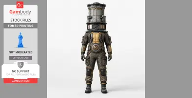 A figure wearing a suit with a cylindrical reactor-shaped helmet, inspired by Satisfactory.
