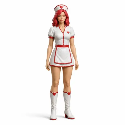 A nurse figurine in a white and red uniform with hearts, designed for 3D printing.