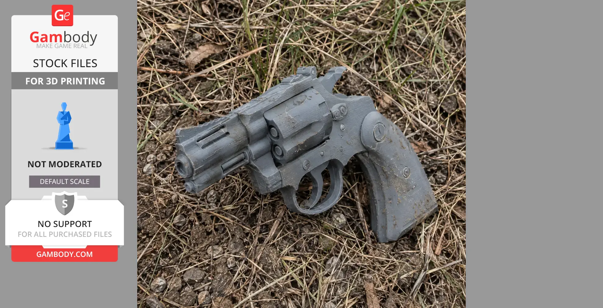 A 3D-printed Colt Diamondback revolver prop lying on dry grass.