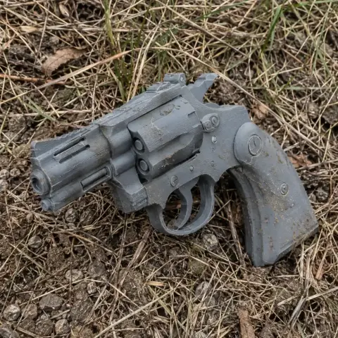 A gray 3D-printed revolver prop lying on a grassy, patchy ground.