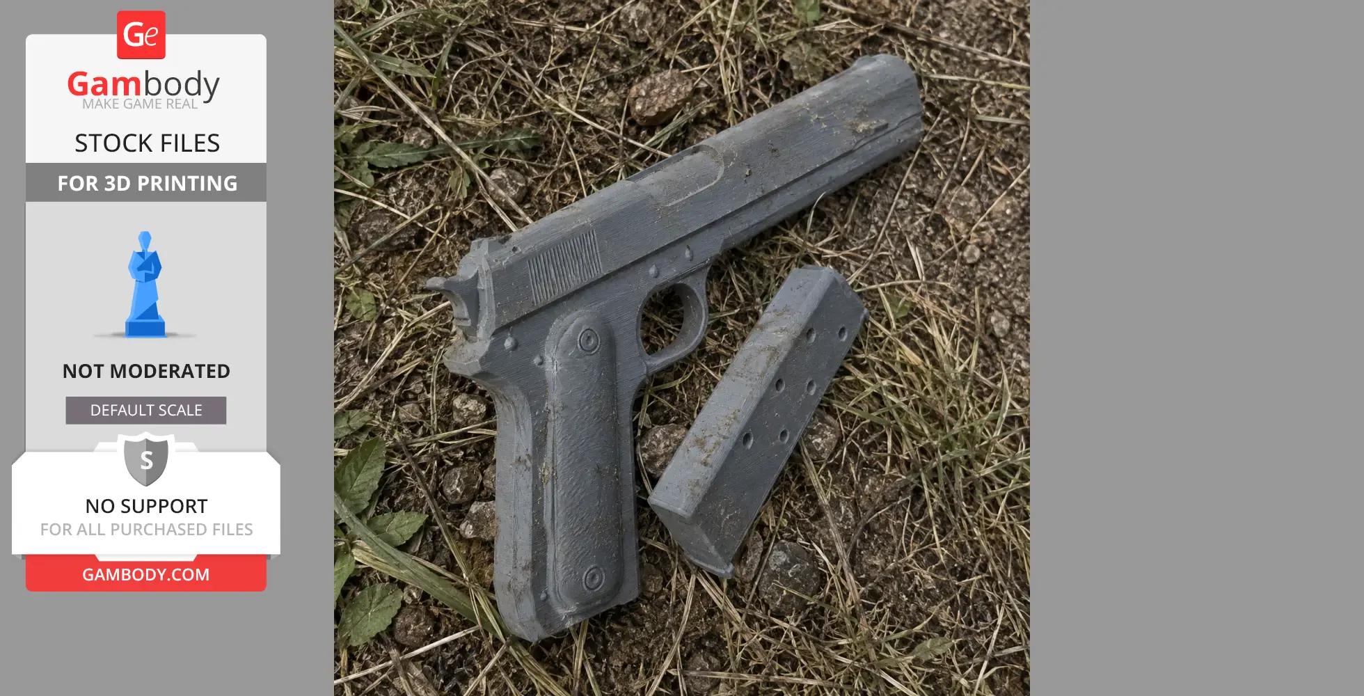 A 3D-printed Colt M1900 prop and magazine lying on grass and dirt, unpainted and gray in color.