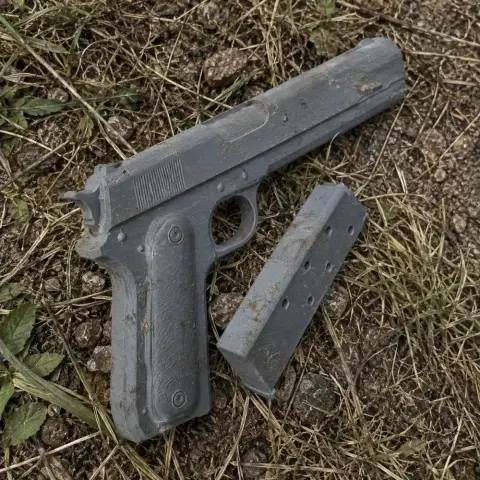 A 3D-printed gray model of a Colt M1900 pistol with a detached magazine, placed on grass and dirt.
