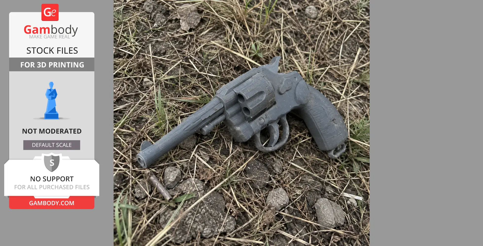 A 3D printed Colt revolver prop lies on grass and dirt, resembling a classic firearm for cosplay use.