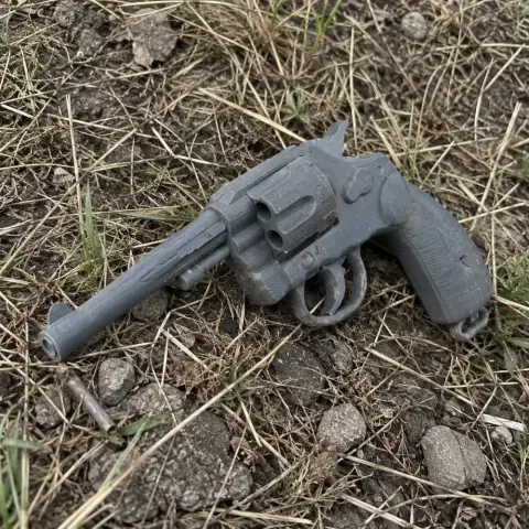 A 3D-printed prop revolver laying on grass and dirt, resembling a Colt M1905.
