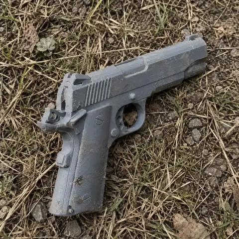 Gray 3D-printed prop of a Colt Officer's ACP pistol, placed on grass and dirt.