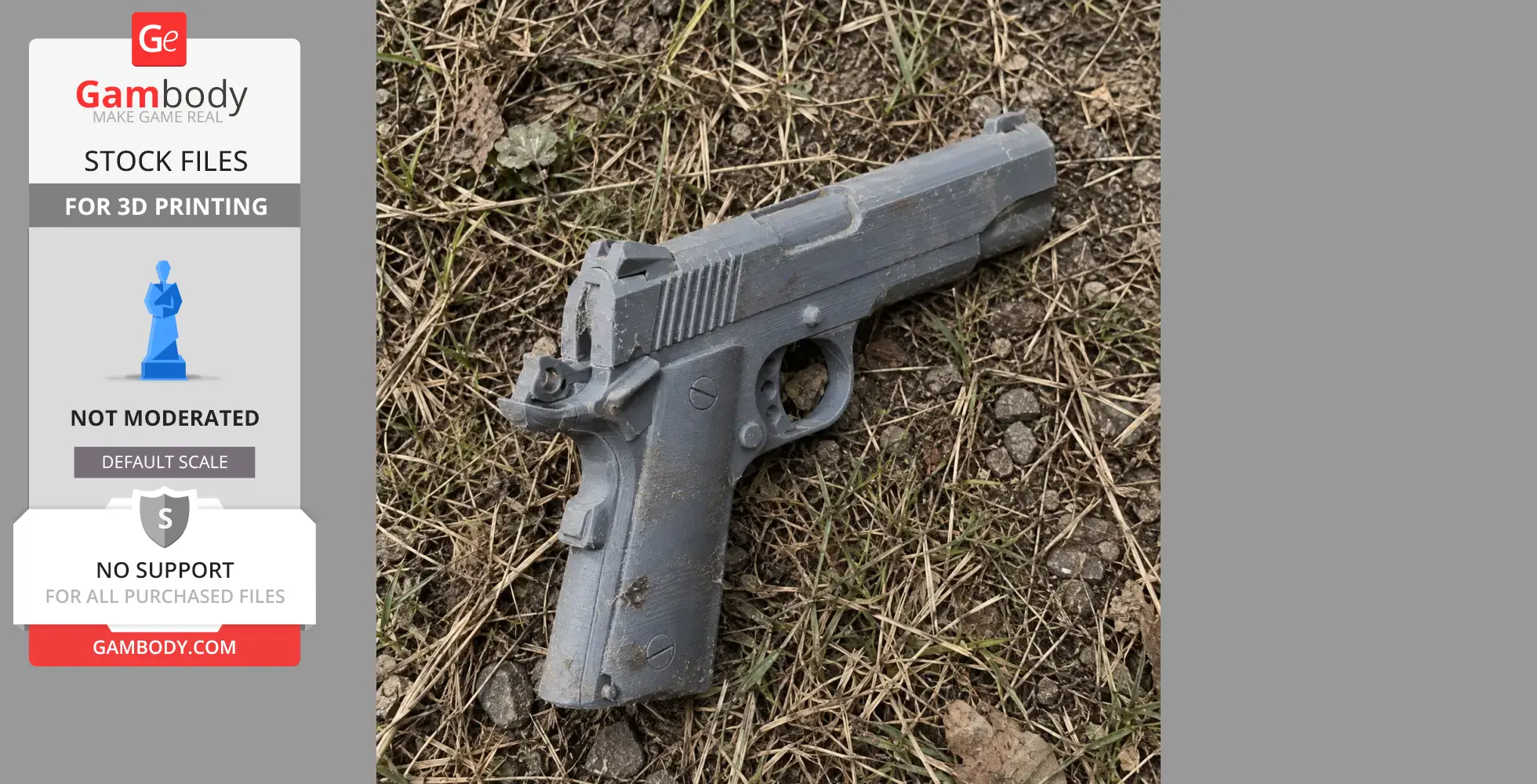 A 3D-printed gray Colt Officer's ACP prop pistol lying on grass and dirt.
