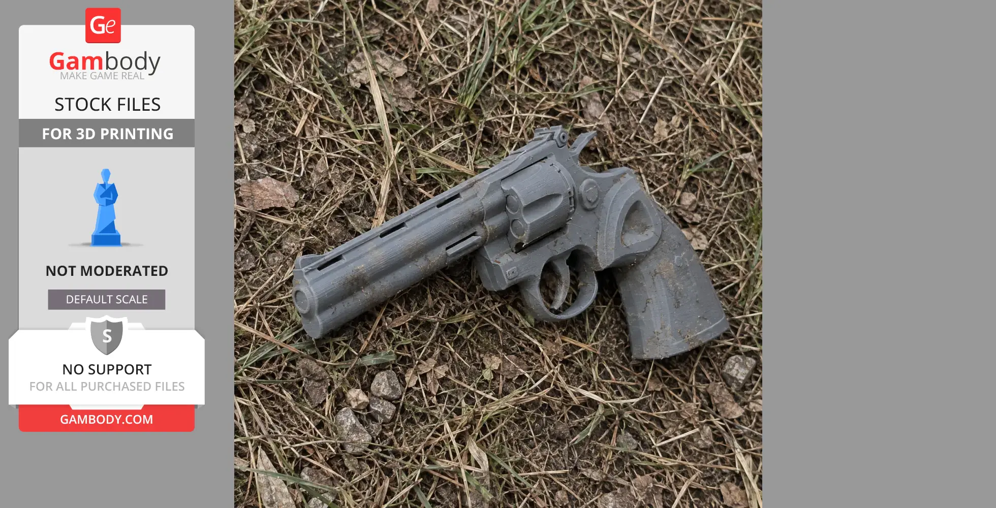 A 3D-printed Colt Python prop gun lies on grass and dirt.