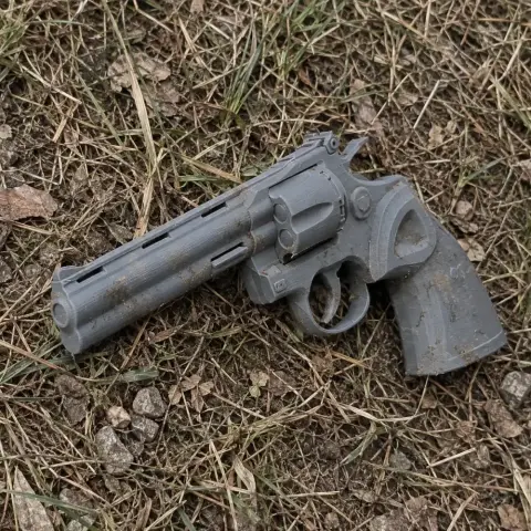 A 3D-printed gray model of a revolver prop, resembling a Colt Python, lying on grass.