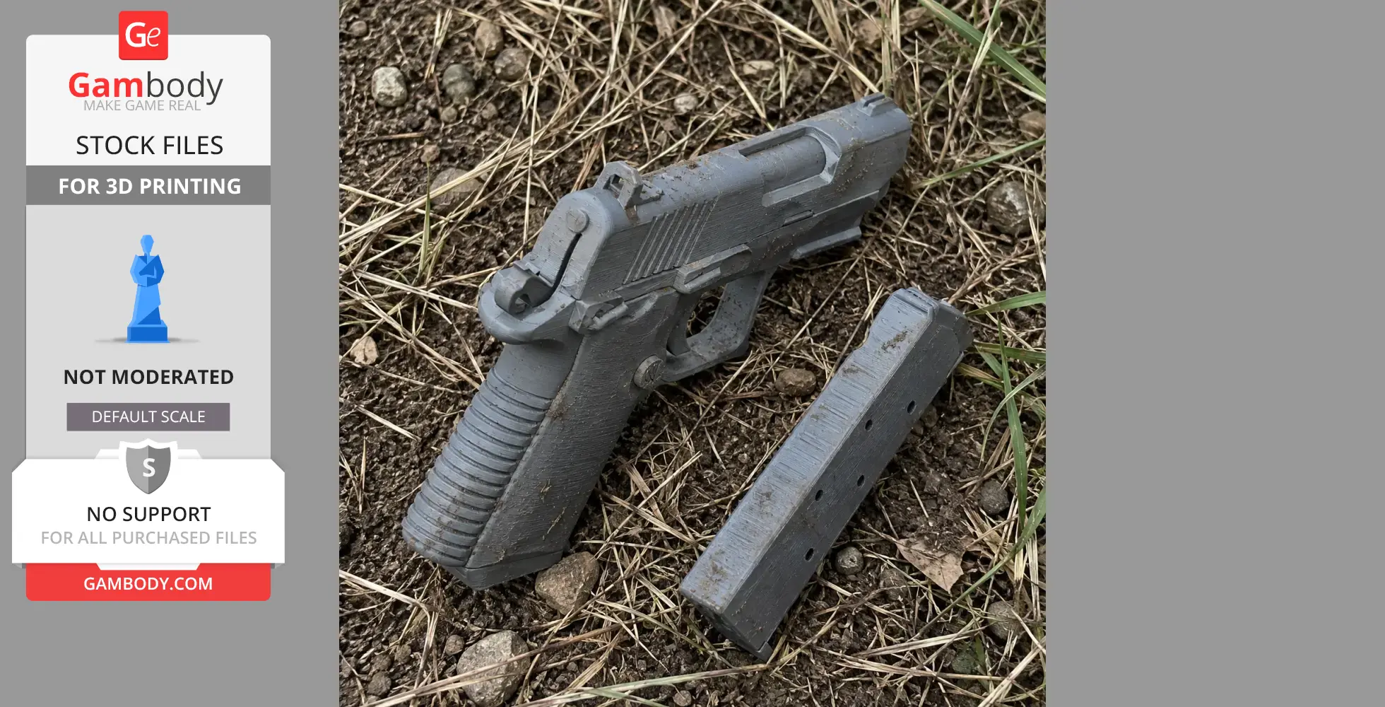 A gray 3D-printed Colt Mustang XSP prop and magazine on dirt and grass.