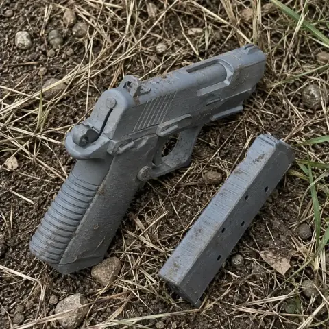 A realistic 3D-printed gray Colt Mustang XSP prop with a detachable magazine on the ground.