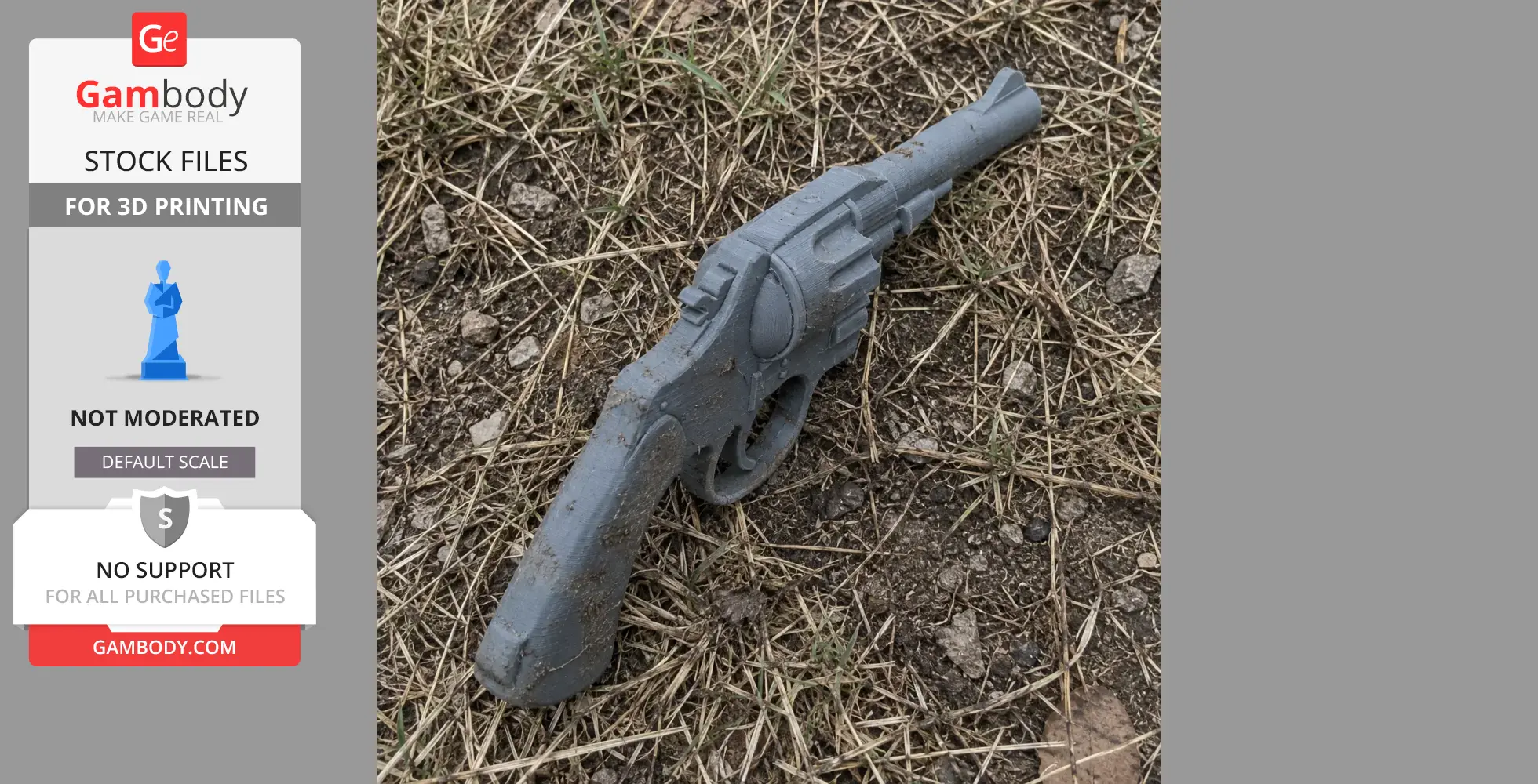 A 3D-printed replica of the Colt Official Police revolver prop resting on dry grass.