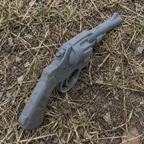 A gray 3D-printed revolver prop lies on dry grass and dirt.