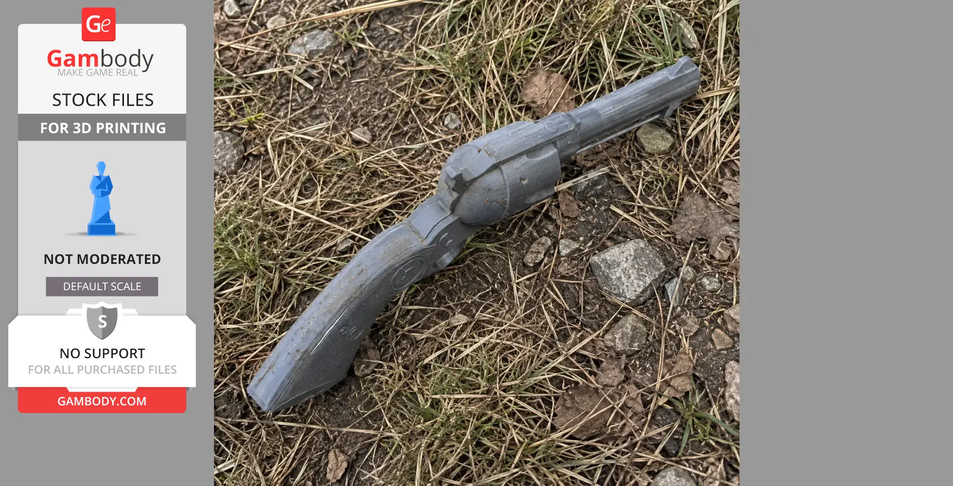 3D printed Colt revolver prop lying on grass and dirt.