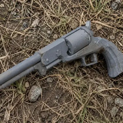A 3D-printed prop of a Colt Walker revolver rests on dry grass and dirt.