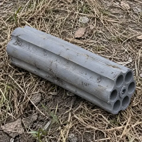 Gray 3D-printed cylinder for a firearm prop, lying on dry grass.