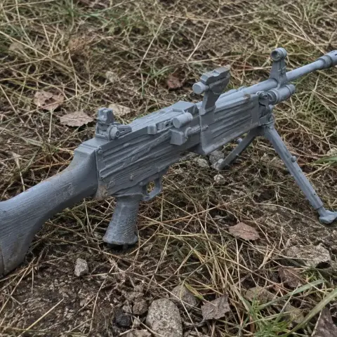 3D printed Daewoo XK3 gun model on grass, with a bipod and detailed components for cosplay.