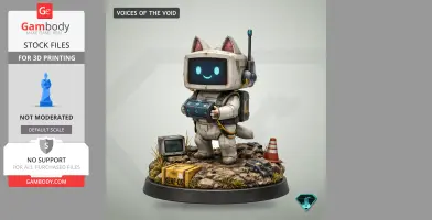 Cute robot with cat ears standing on a detailed base, holding a device. Surrounded by tech and traffic cone.