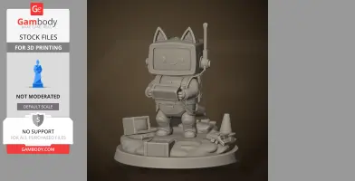 Cute robot figure with cat ears and antennas, holding a controller, on a platform with tech items.