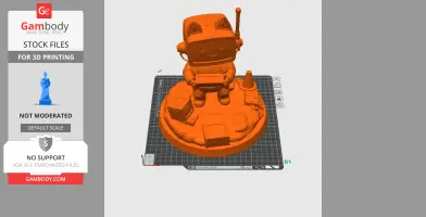 Cute robot-like character with a TV head and antenna, standing on a base with small objects and a cone.