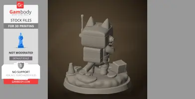 A 3D model of a robot-like figure with cat ears and antennas, standing on a base with various objects.