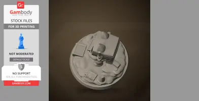 A circular 3D model with mechanical and abstract elements on a textured base.