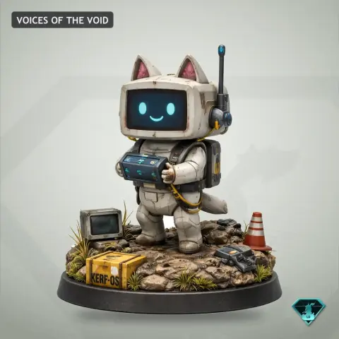 A cute robot with cat features holding a console, standing on a grassy base with tech elements.