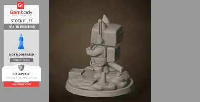 A 3D model of a small robot-like figure with a boxy head and antennas, standing on a detailed base.