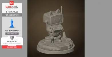 Cute robot with cat ears holding a tablet, on a base with scattered objects. 3D print model.