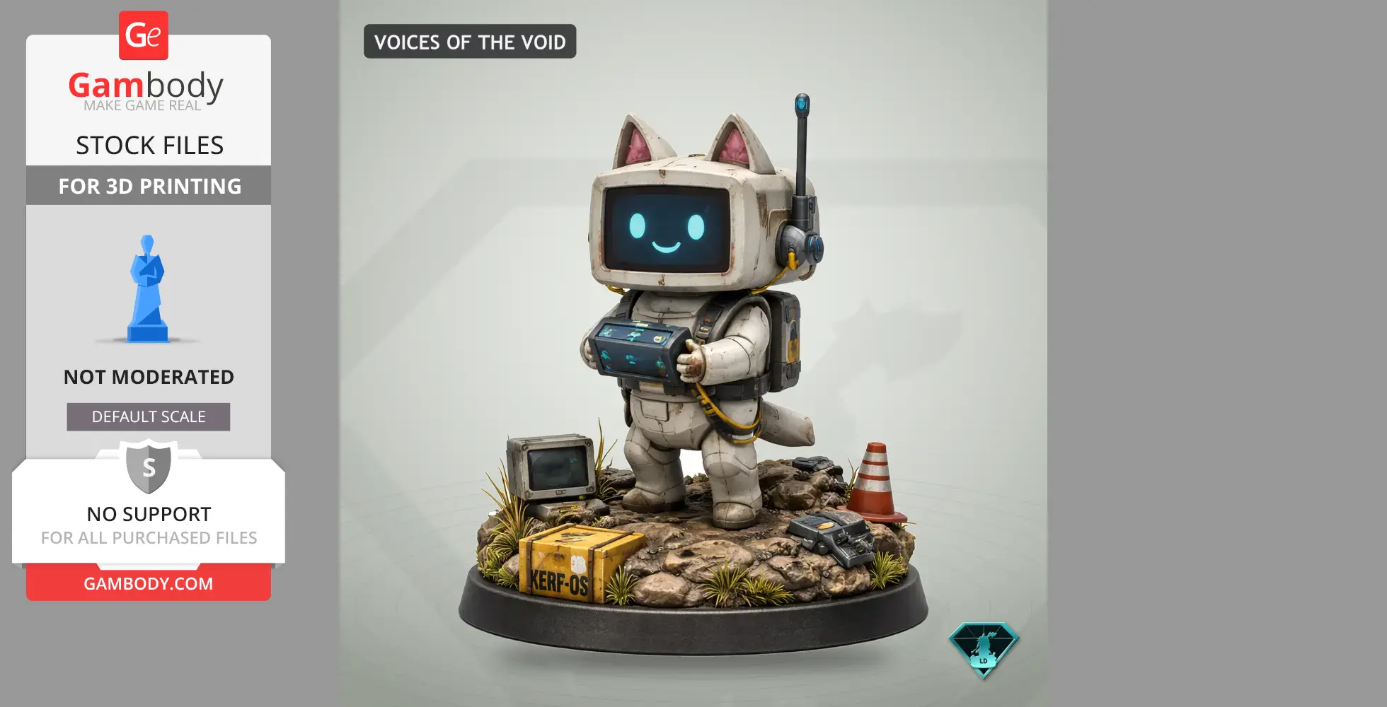 Cute robot with cat ears standing on a detailed base, holding a device. Surrounded by tech and traffic cone.