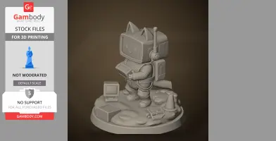 Cute robot figure with cat ears, backpack, and a happy face, standing on a detailed base with tech items.